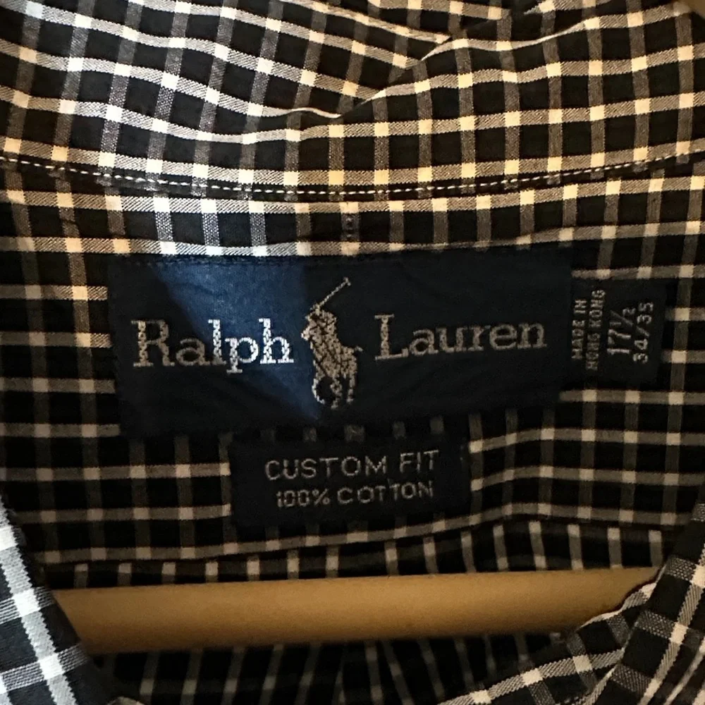 Ralph Lauren Mens Custom Fit Gingham Check Button Down Shirt Black 17.5 X 34/35